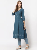 Flared cotton kurta with block print and bead work, paired with straight pants