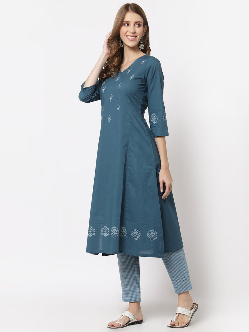 Flared cotton kurta with block print and bead work, paired with straight pants