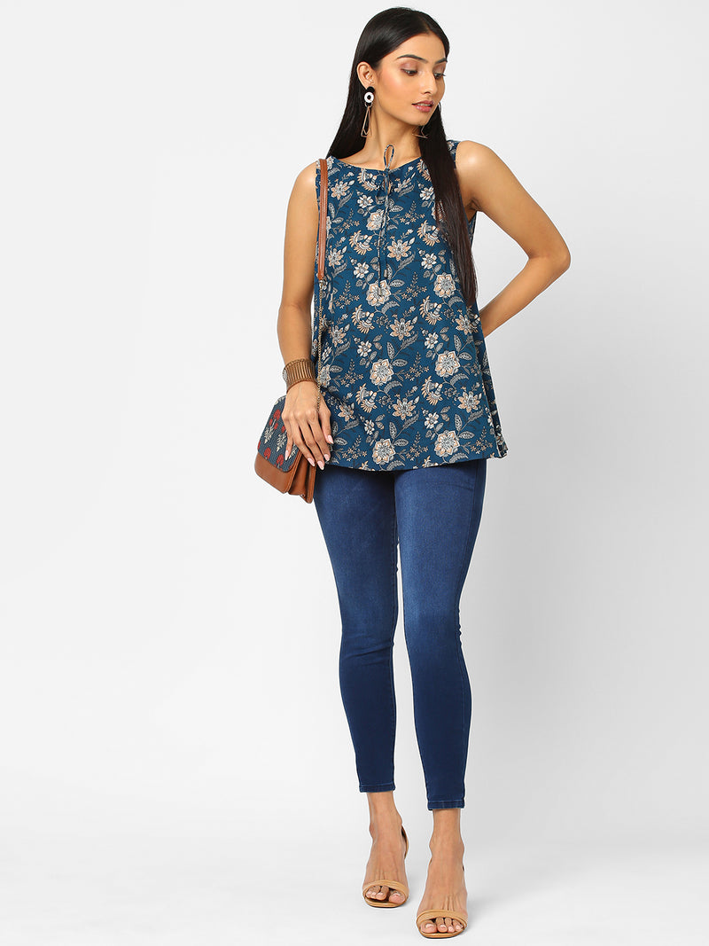 Printed Sleeveless Flared Cotton Top