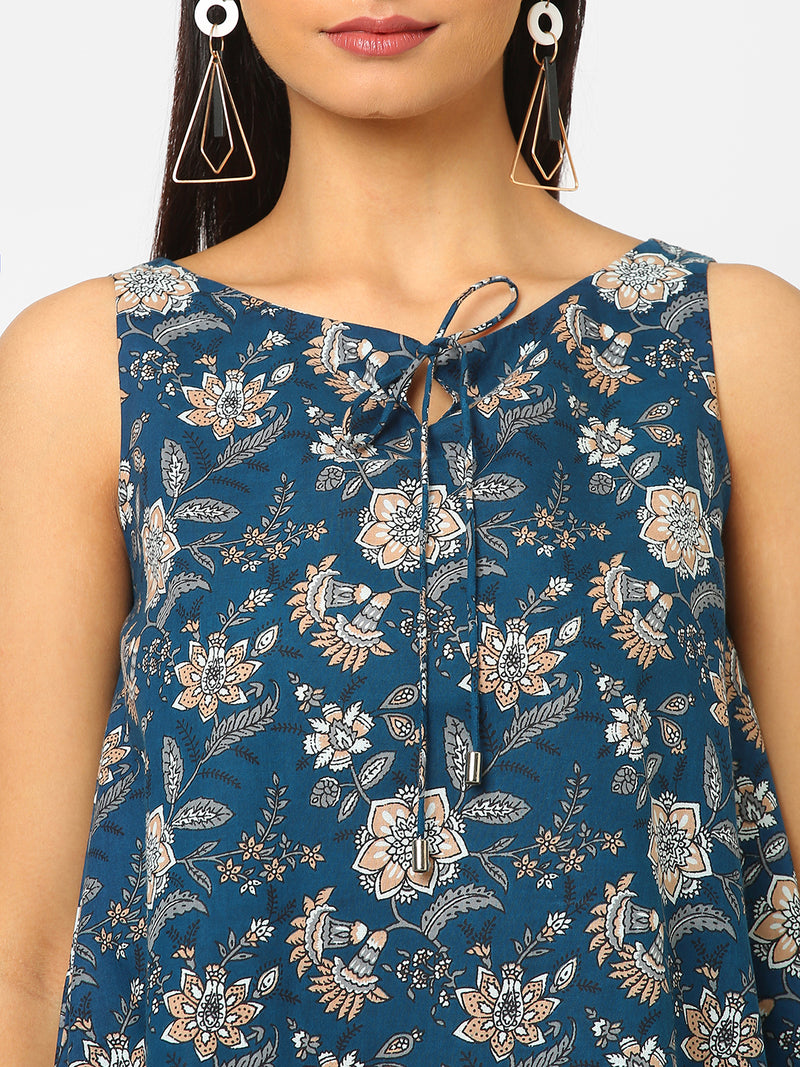 Printed Sleeveless Flared Cotton Top