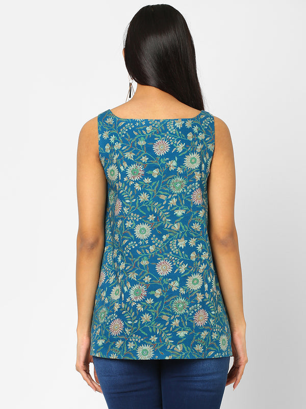 Printed Sleeveless Flared Cotton Top