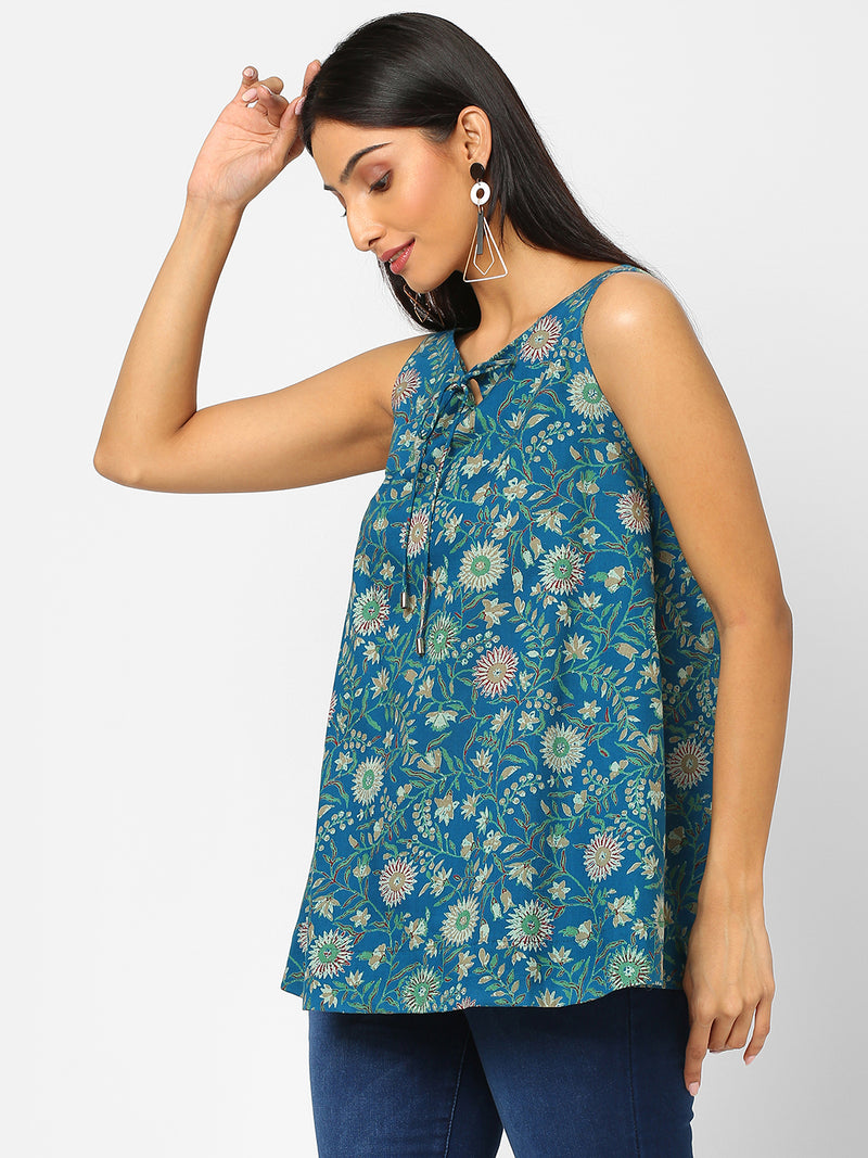 Printed Sleeveless Flared Cotton Top