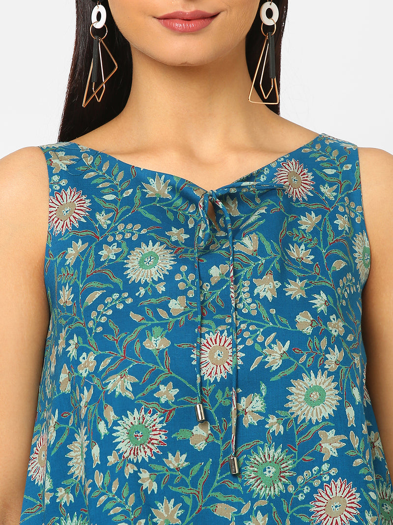 Printed Sleeveless Flared Cotton Top