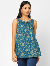 Printed Sleeveless Flared Cotton Top