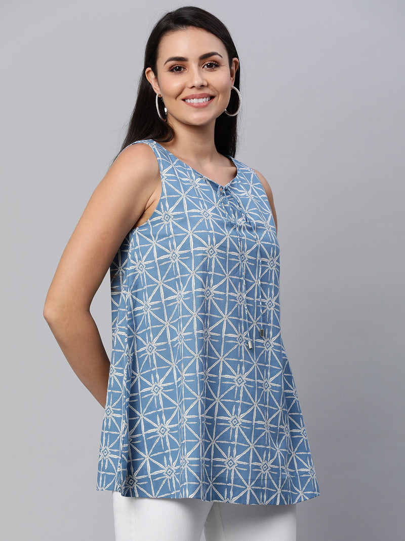 Printed Sleeveless Flared Cotton Top