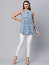 Printed Sleeveless Flared Cotton Top