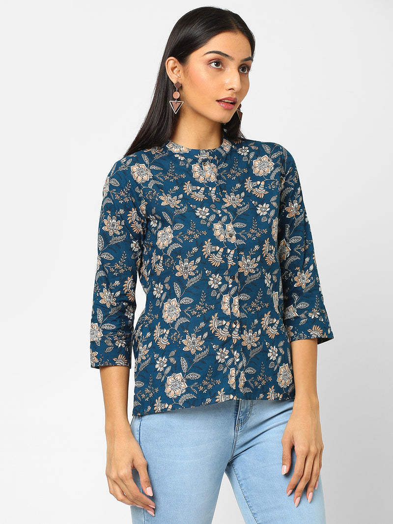 Printed 3/4 sleeve Shirt style Cotton Top