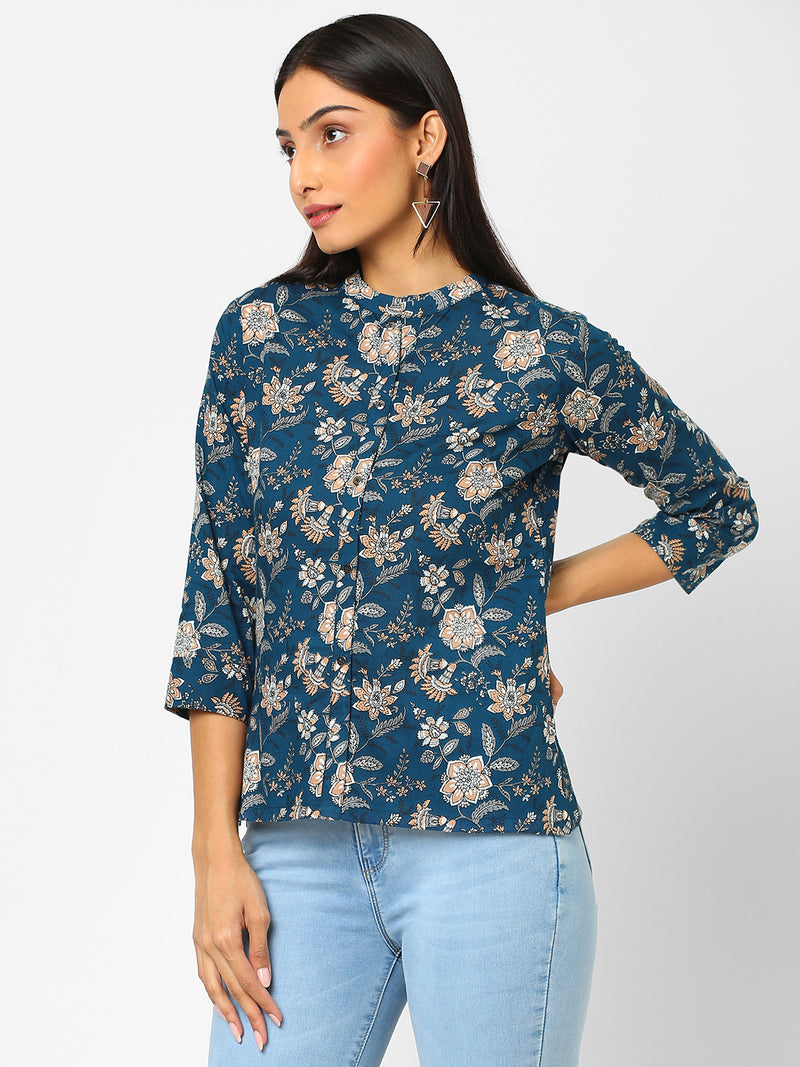 Printed 3/4 sleeve Shirt style Cotton Top