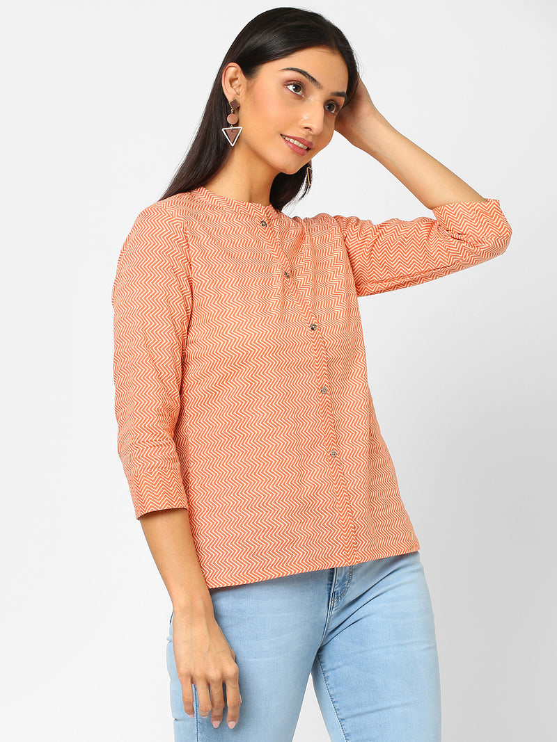 Printed 3/4 sleeve Shirt style Cotton Top