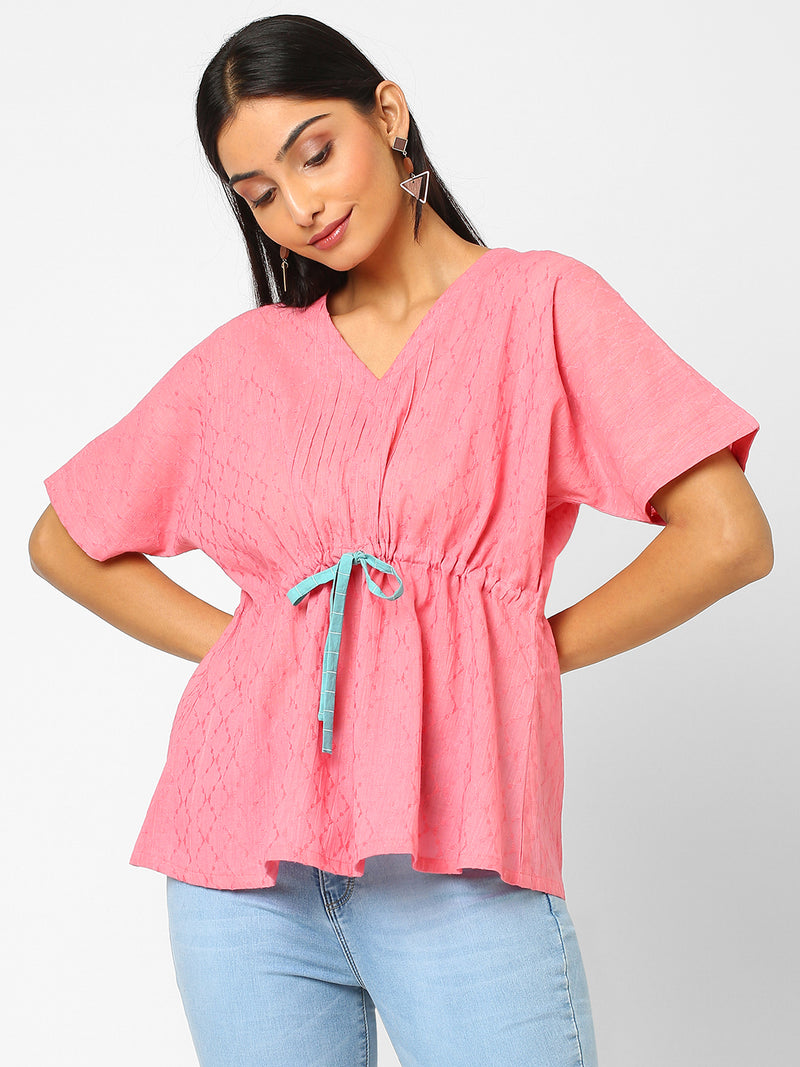 Kimono sleeves cotton dobby Top with drawstring at the waist