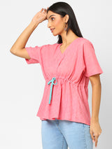 Kimono sleeves cotton dobby Top with drawstring at the waist