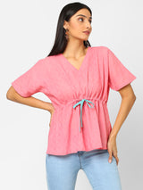 Kimono sleeves cotton dobby Top with drawstring at the waist