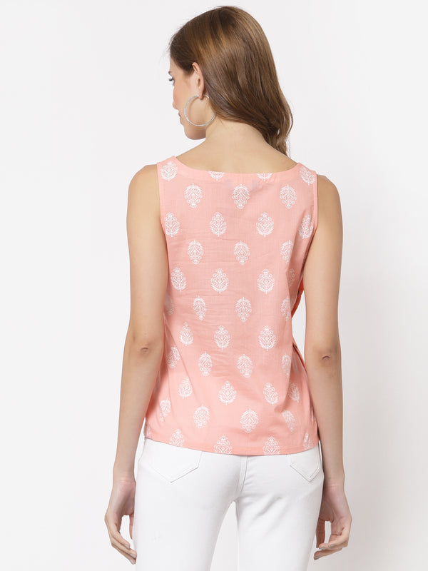 Printed sleeveless cotton top with button detailing