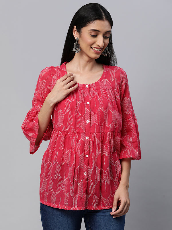 Printed  full sleeves tiered cotton top with button detailing