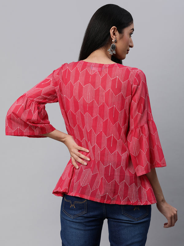 Printed  full sleeves tiered cotton top with button detailing