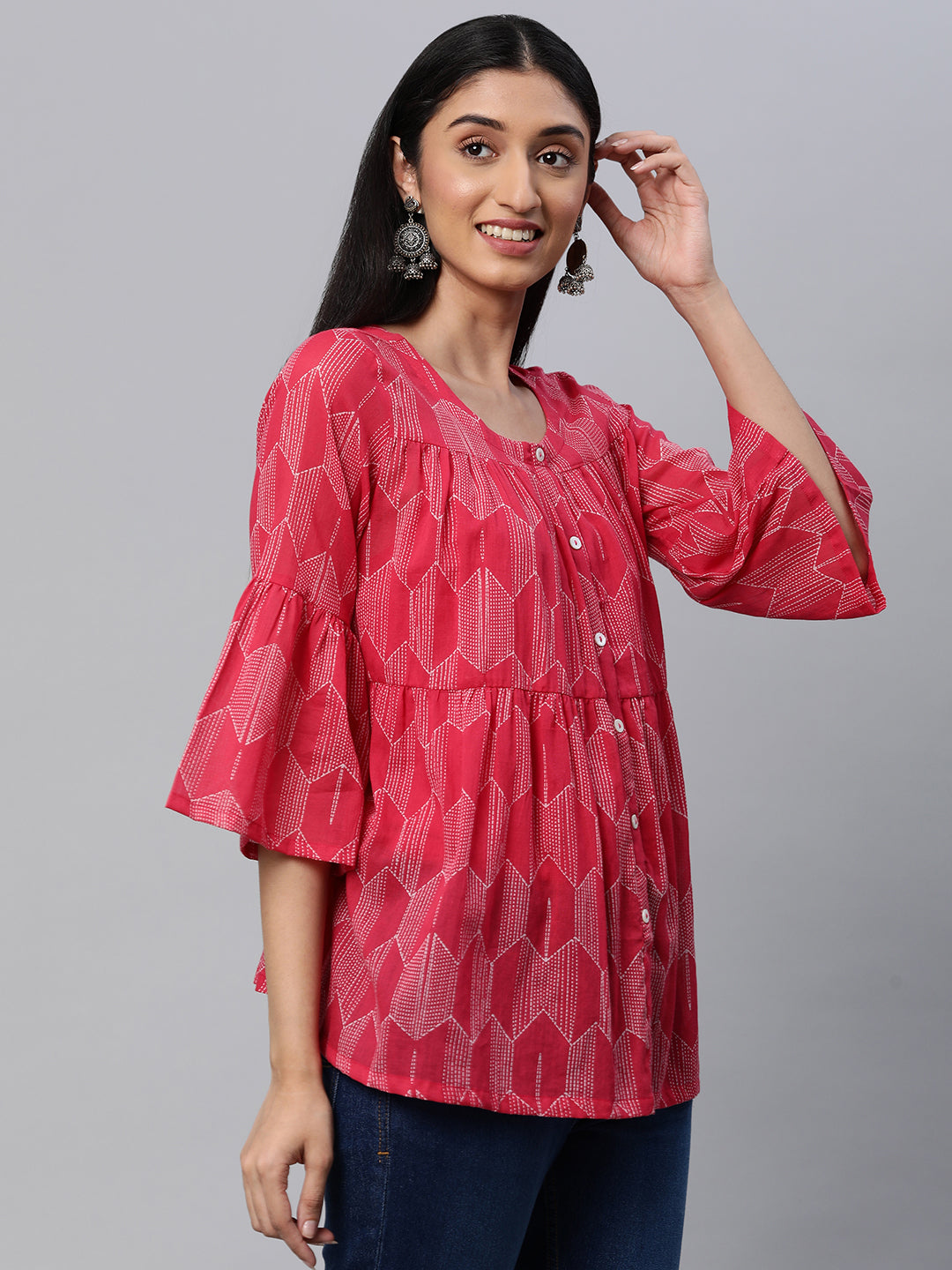 Printed  full sleeves tiered cotton top with button detailing