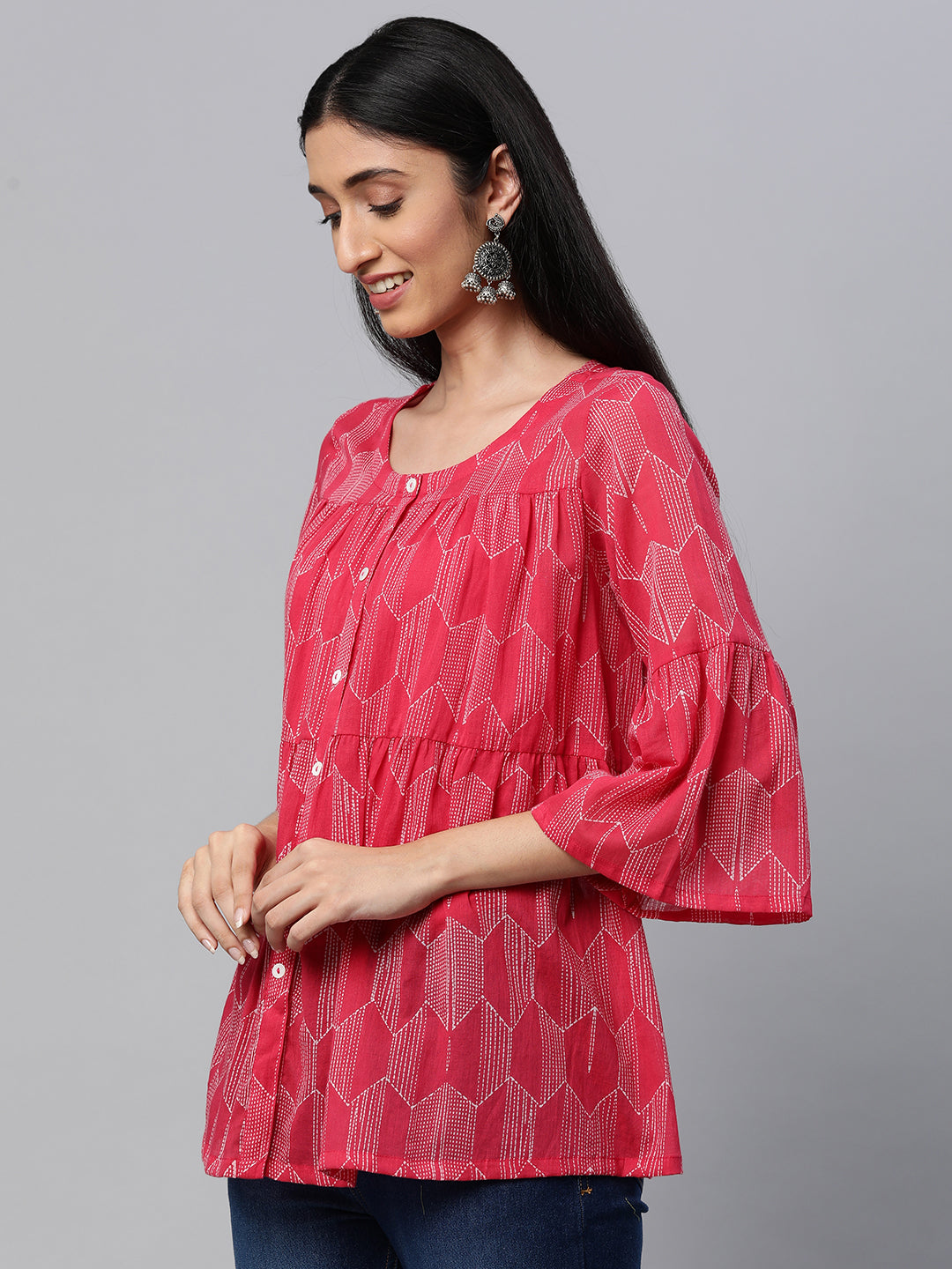 Printed  full sleeves tiered cotton top with button detailing