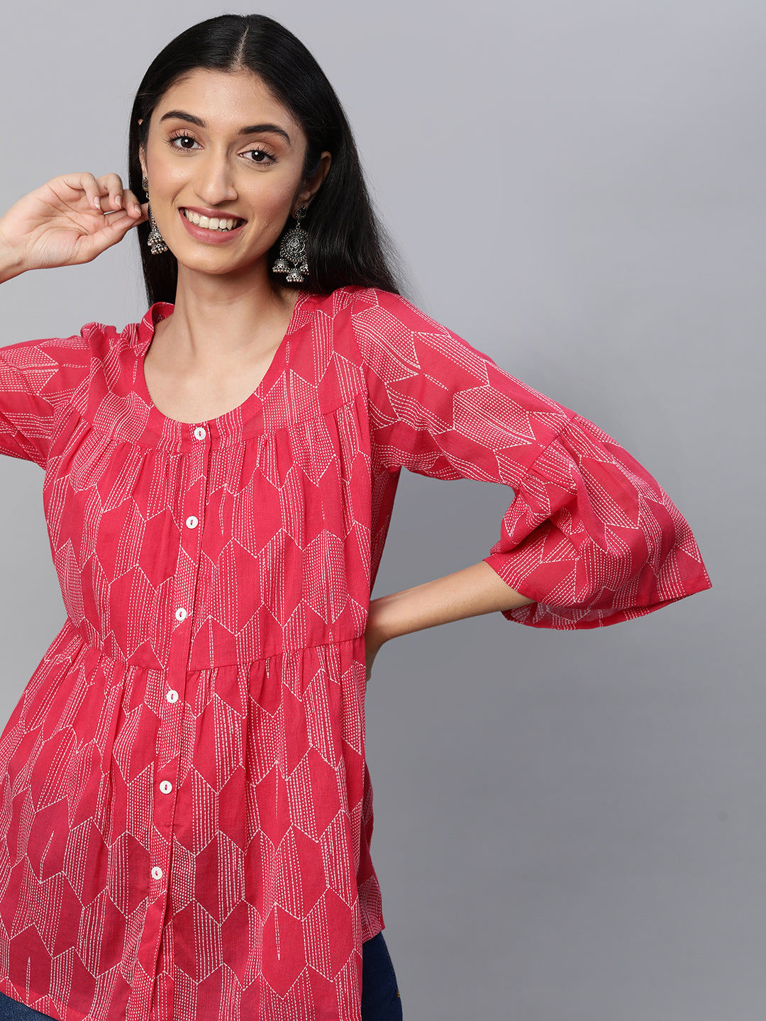 Printed  full sleeves tiered cotton top with button detailing