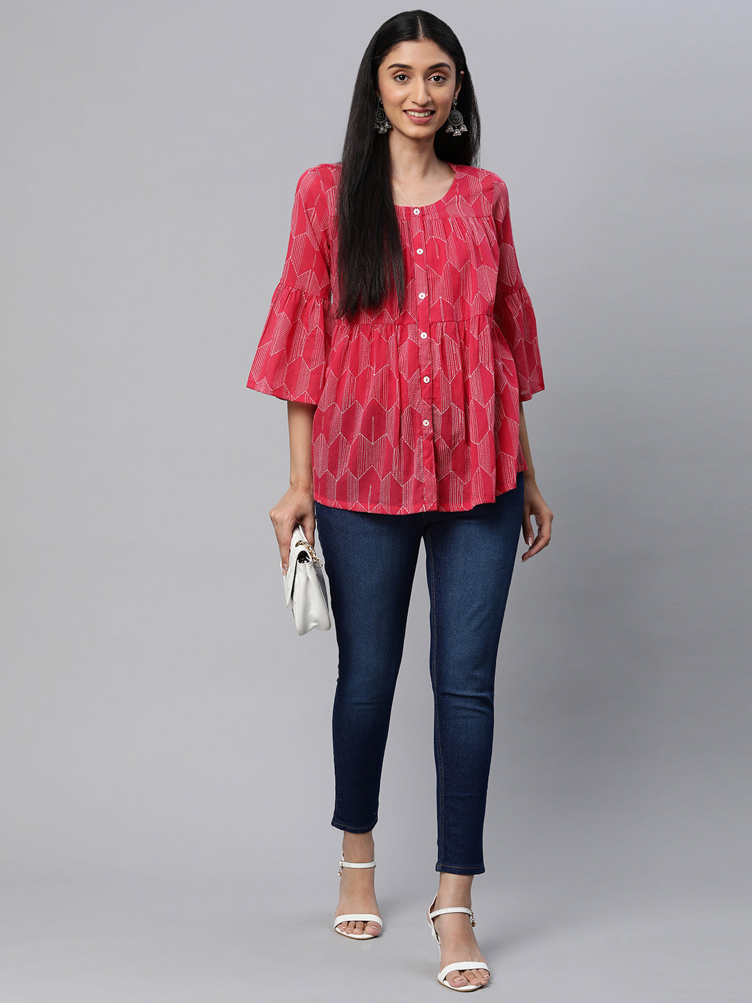 Printed  full sleeves tiered cotton top with button detailing