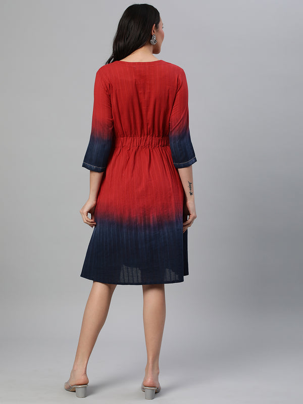 Khoobsurat - Cotton tie dye dress with gathering details on waist and metal embellishment.