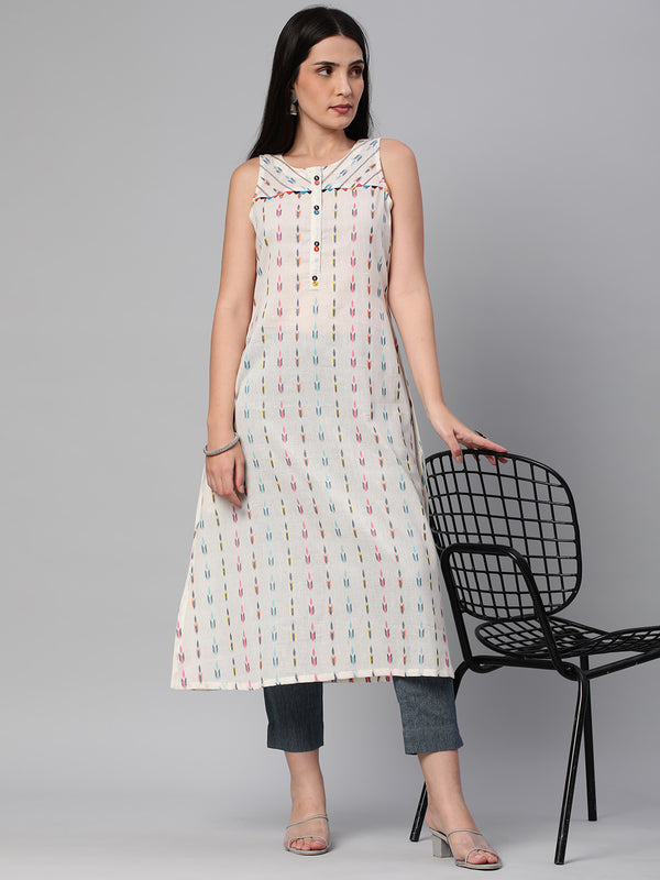 A line ikat kurta with stitch line and and contrast button detailing