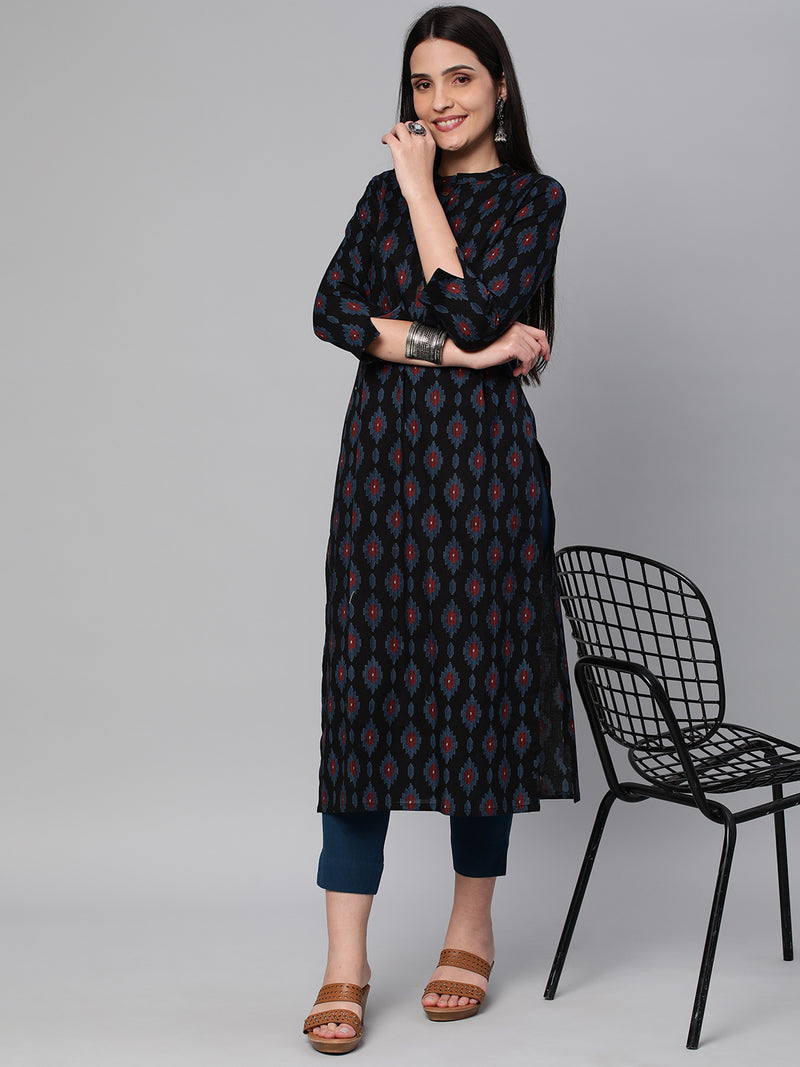 Printed straight fit cotton Kurta with 3/4 sleeve