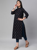 Printed straight fit cotton Kurta with 3/4 sleeve