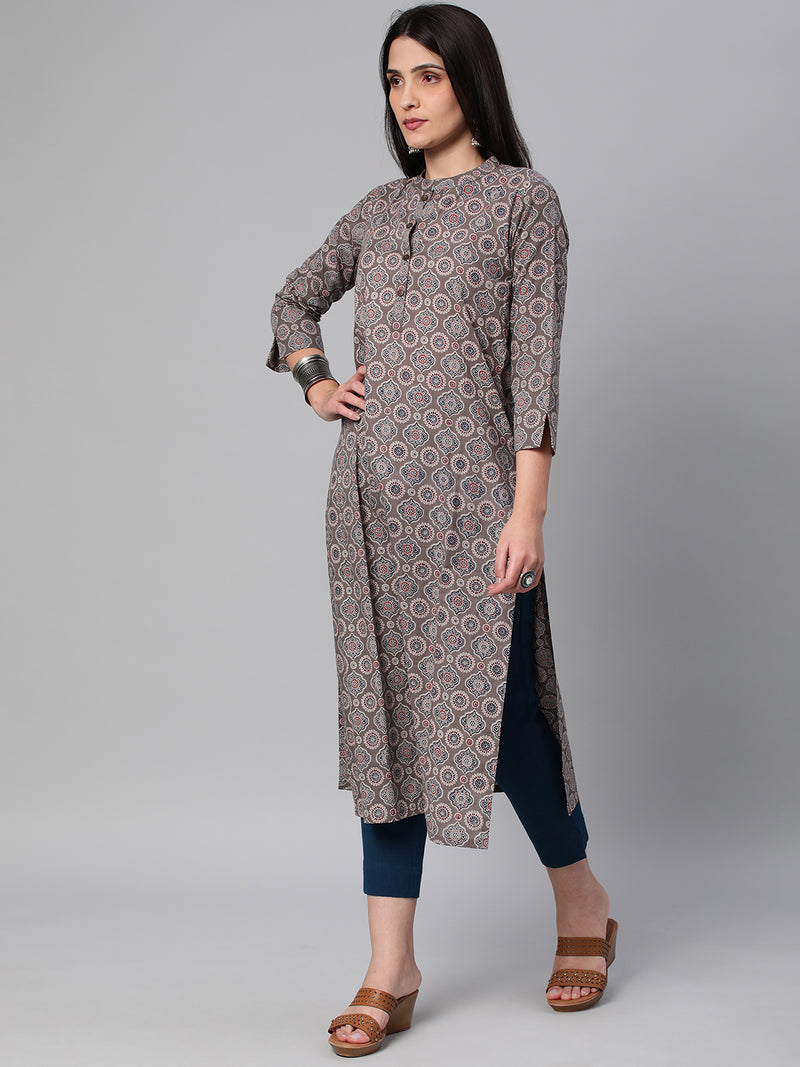 Printed straight fit cotton Kurta with 3/4 sleeve