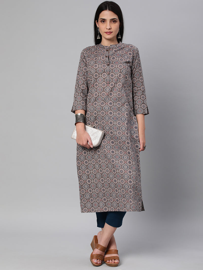 Printed straight fit cotton Kurta with 3/4 sleeve