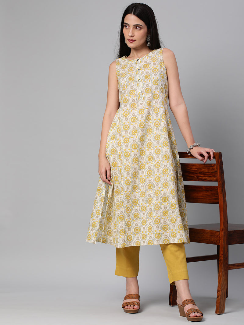 Printed A line sleevless cotton Kurta