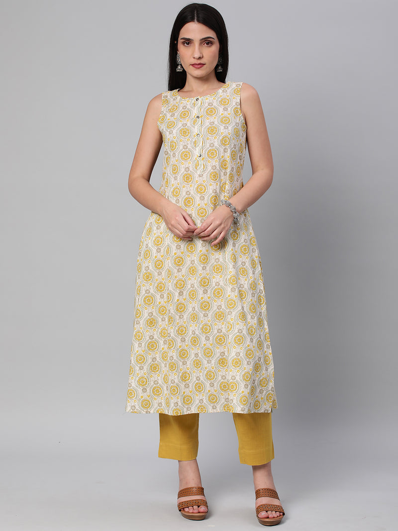 Printed A line sleevless cotton Kurta