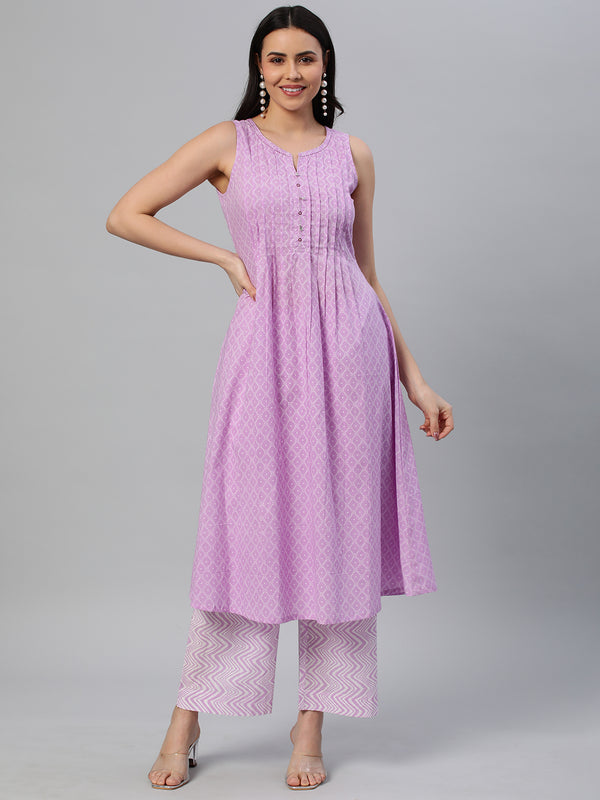 A line sleeveless printed cotton kurta with knife pleat and button detailing paired with bottom.