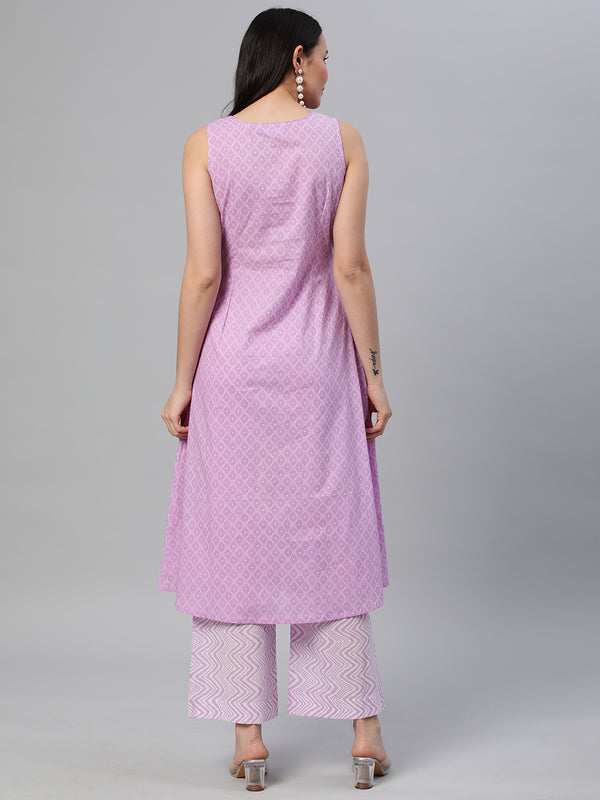 A line sleeveless printed cotton kurta with knife pleat and button detailing paired with bottom.