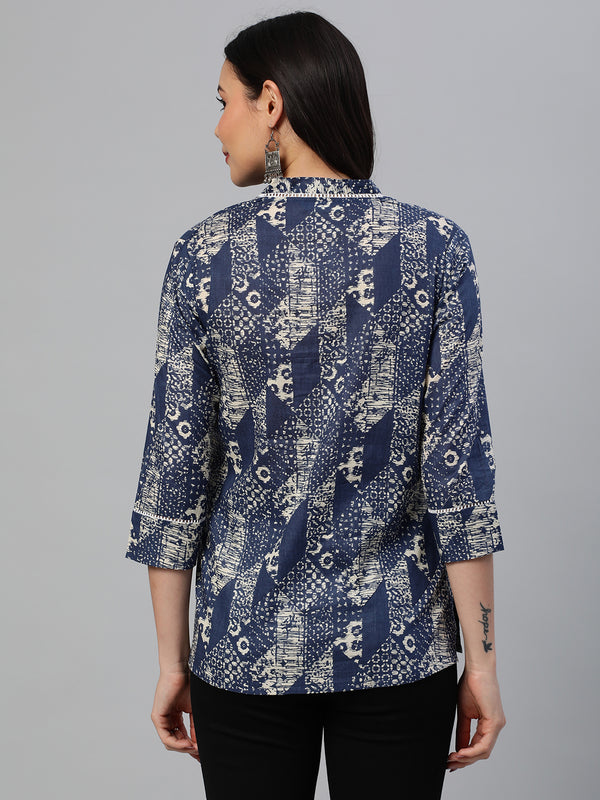 Khoobsurat - Flared printed cotton V neck top with lace detailing.