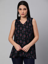 Printed Sleeveless Flared Cotton Top.