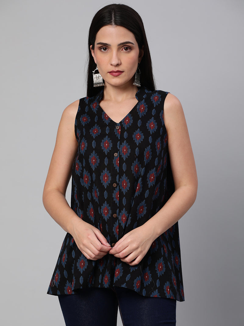 Printed Sleeveless Flared Cotton Top.