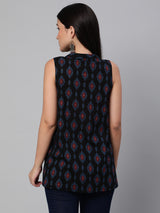 Printed Sleeveless Flared Cotton Top.