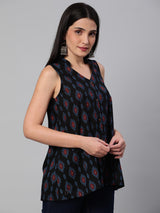 Printed Sleeveless Flared Cotton Top.