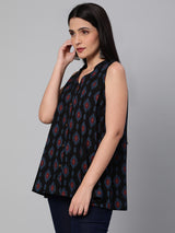 Printed Sleeveless Flared Cotton Top.