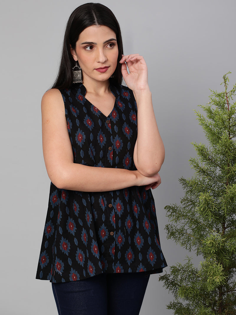 Printed Sleeveless Flared Cotton Top.