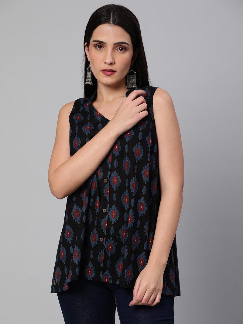 Printed Sleeveless Flared Cotton Top.