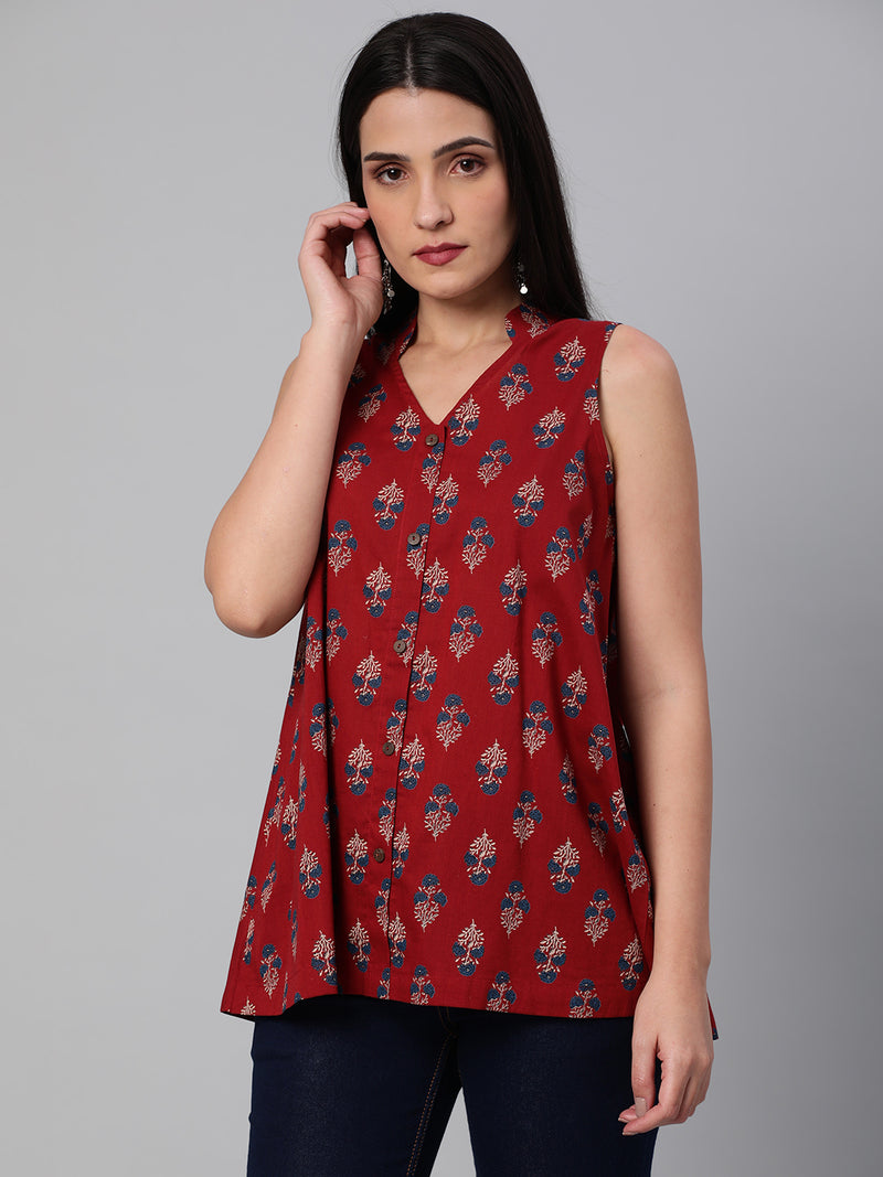 Printed Sleeveless Flared Cotton Top.