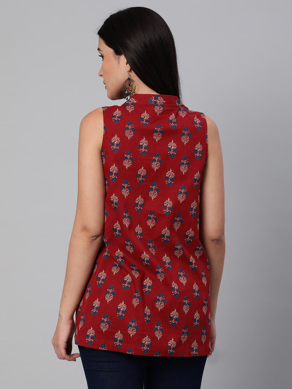 Printed Sleeveless Flared Cotton Top.