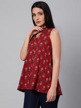 Printed Sleeveless Flared Cotton Top.