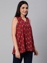 Printed Sleeveless Flared Cotton Top.