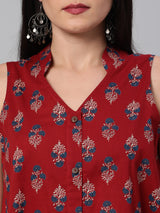 Printed Sleeveless Flared Cotton Top.