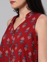 Printed Sleeveless Flared Cotton Top.