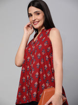 Printed Sleeveless Flared Cotton Top.