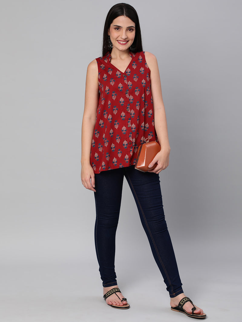 Printed Sleeveless Flared Cotton Top.