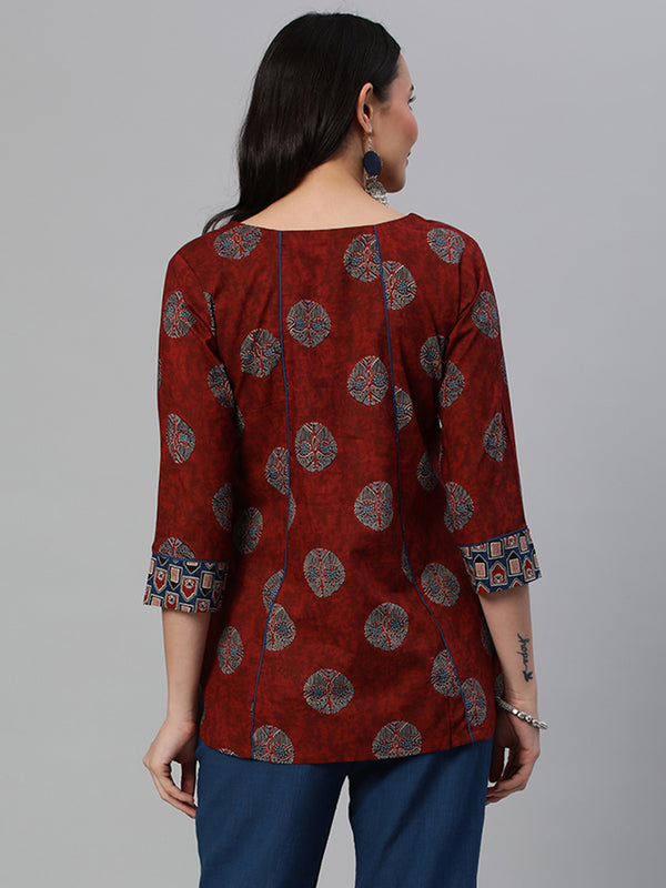 Khoobsurat - A flared tunic with slit and printed collar and sleeve cuff.